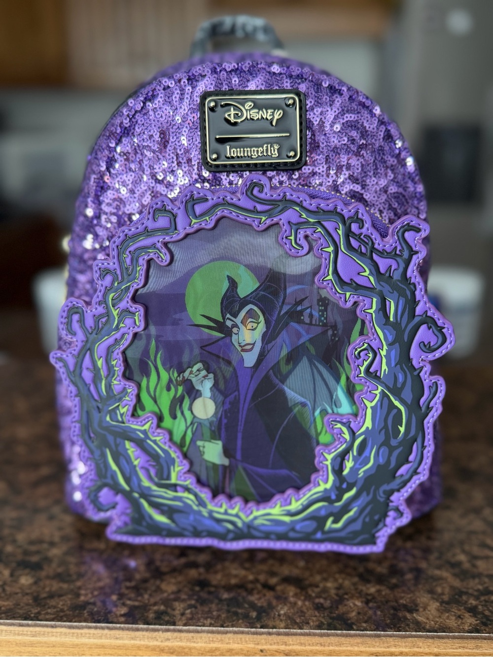 Loungefly Purple Sequin Maleficent Mini Backpack with Green Accents